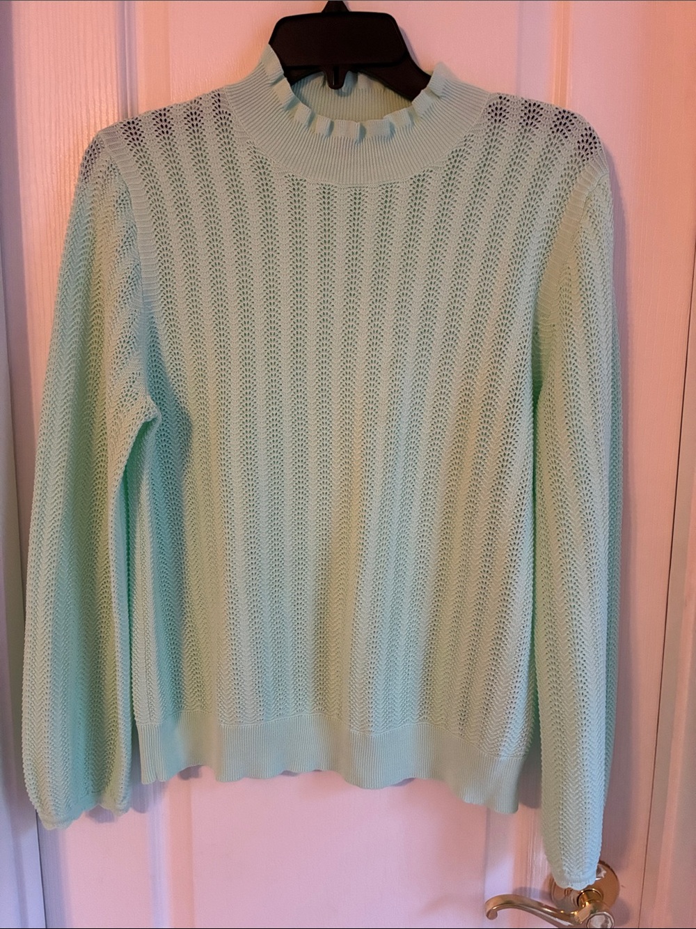 J. Crew Pointelle Ruffle Mockneck Green Sweater M - Picture 3 of 7